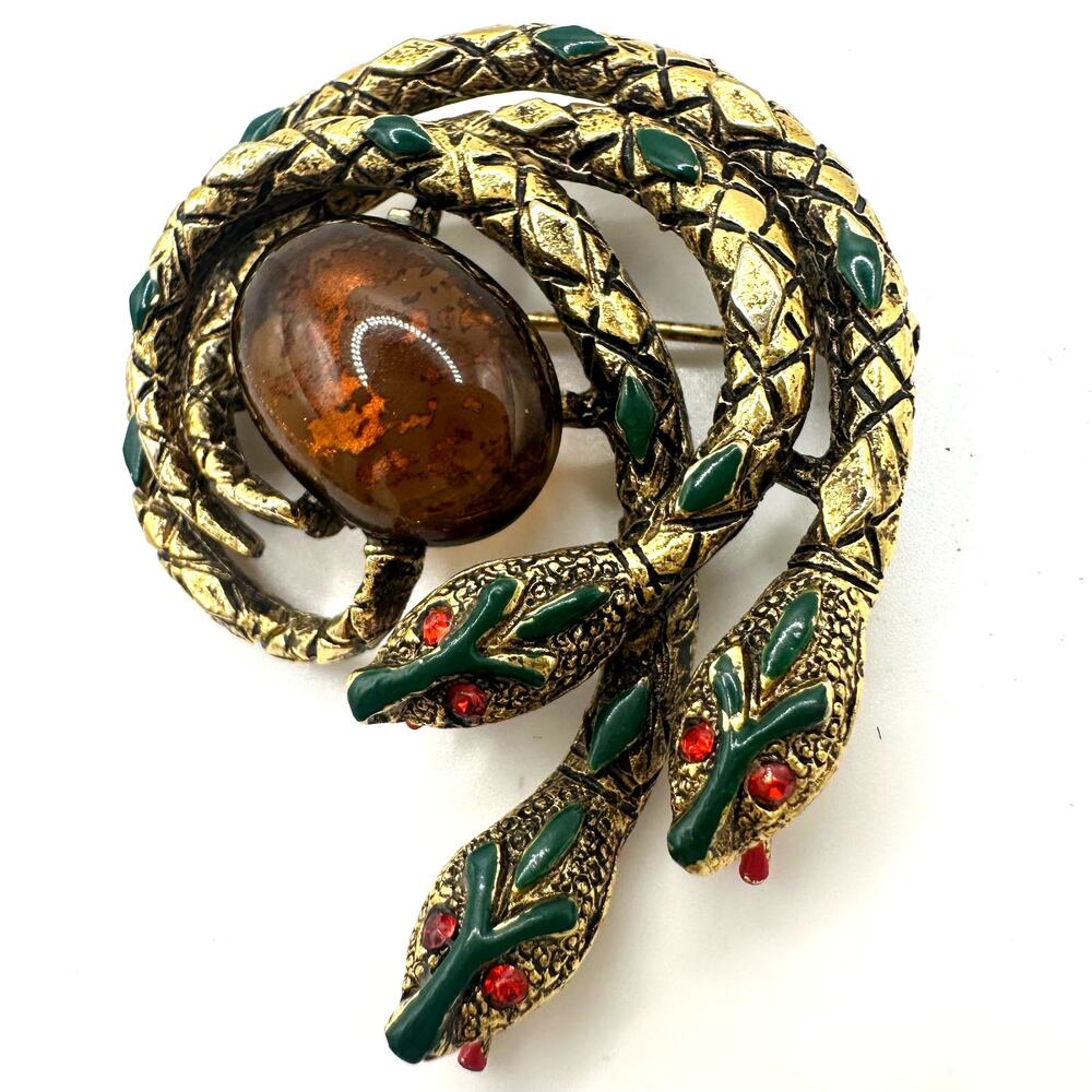 Art vintage gold tone triple snakes red rhinestones art glass figural brooch